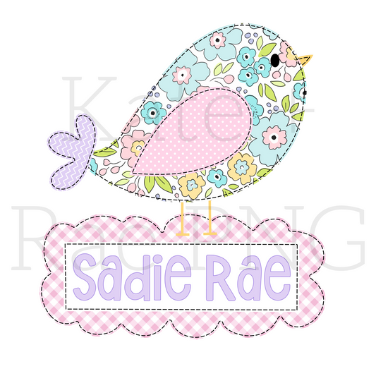 Spring Doodle Bird Faux Applique PNG with Name Plate