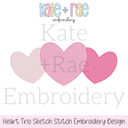 Heart Trio Sketch Stitch Embroidery Design: Design preview of three overlapping pink sketch stitch hearts
