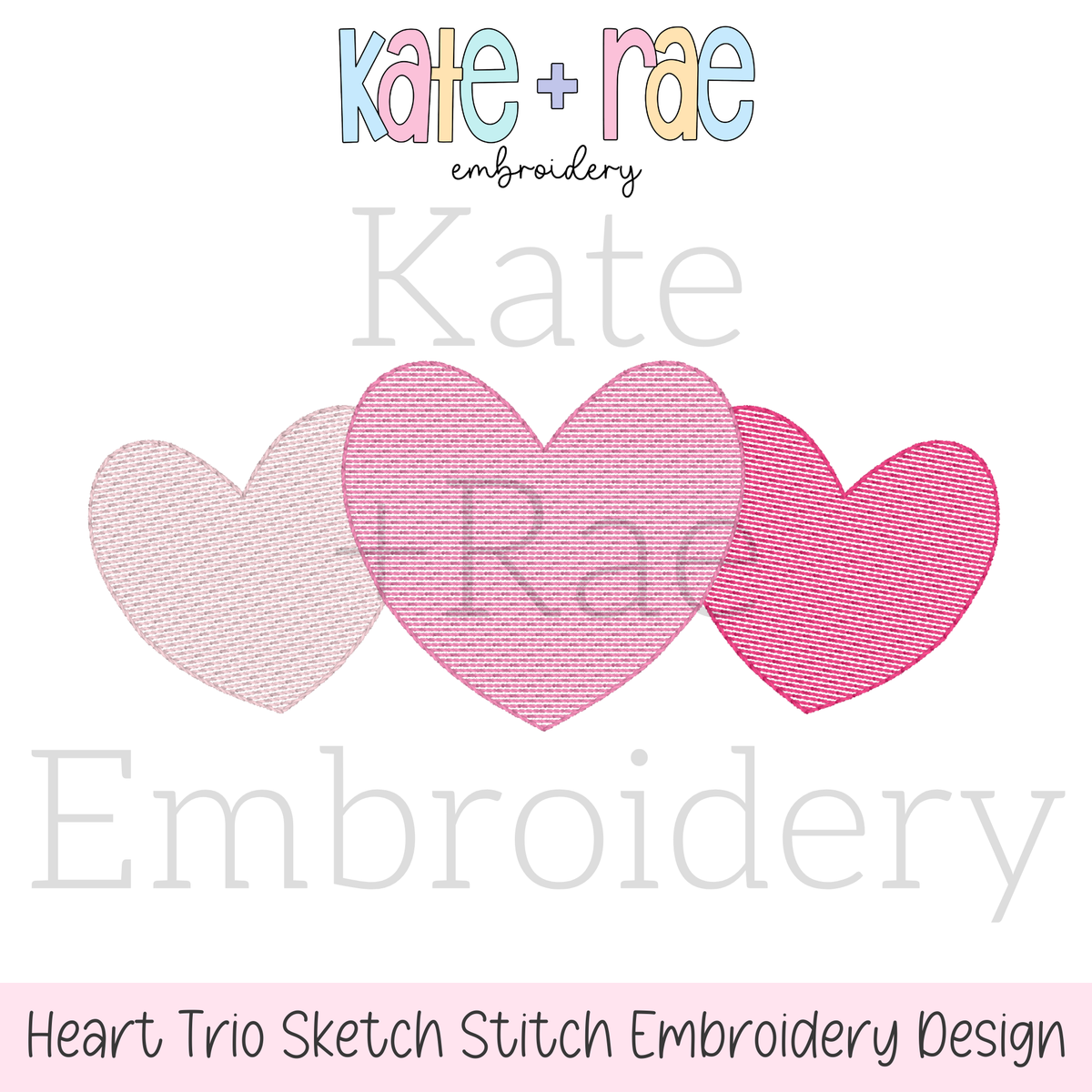 Heart Trio Sketch Stitch Embroidery Design: Design preview of three overlapping pink sketch stitch hearts