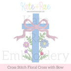 Cross Stitch Floral Cross Embroidery Design: Design preview of a blue cross stitch cross with a pink bow and pastel flowers