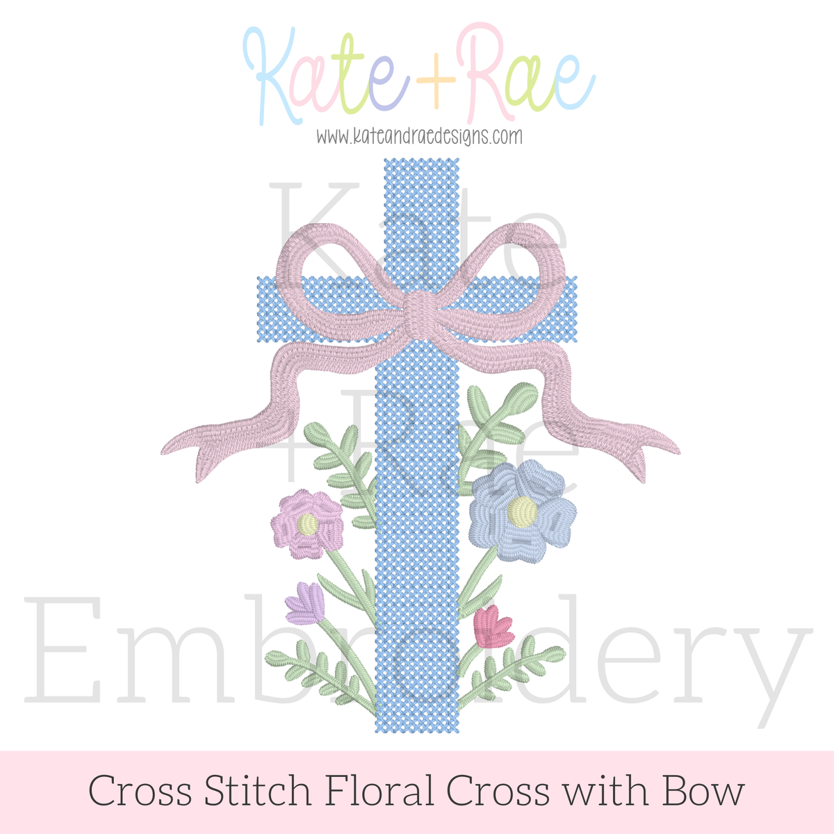 Cross Stitch Floral Cross Embroidery Design: Design preview of a blue cross stitch cross with a pink bow and pastel flowers