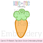 Carrot Easter Basket Tag Satin Stitch Applique Embroidery Design: Design preview of an orange carrot in the hoop satin stitch basket tag with a green gingham top