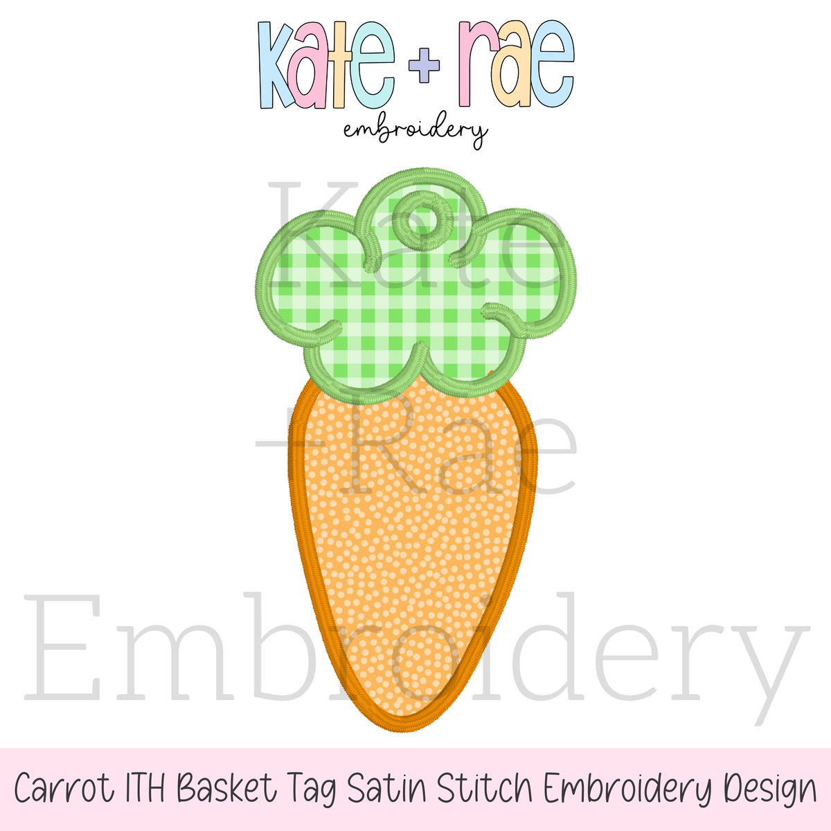 Carrot Easter Basket Tag Satin Stitch Applique Embroidery Design: Design preview of an orange carrot in the hoop satin stitch basket tag with a green gingham top