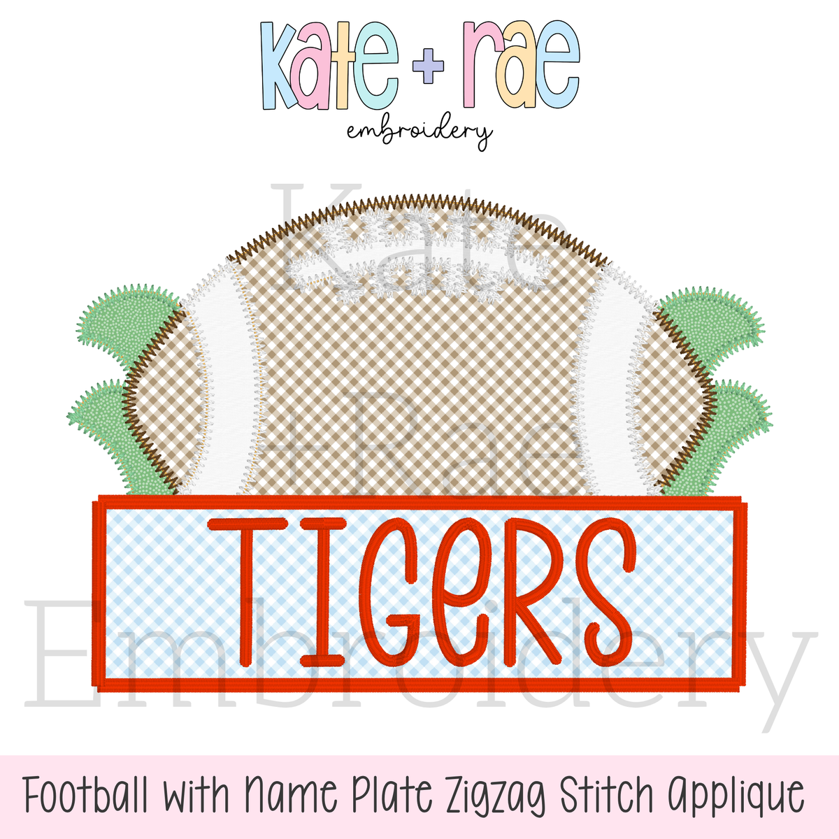 Football with Name Plate Zigzag Stitch Applique Embroidery Design: Design preview of a gingham football zigzag applique with a name plate reading TIGERS in red