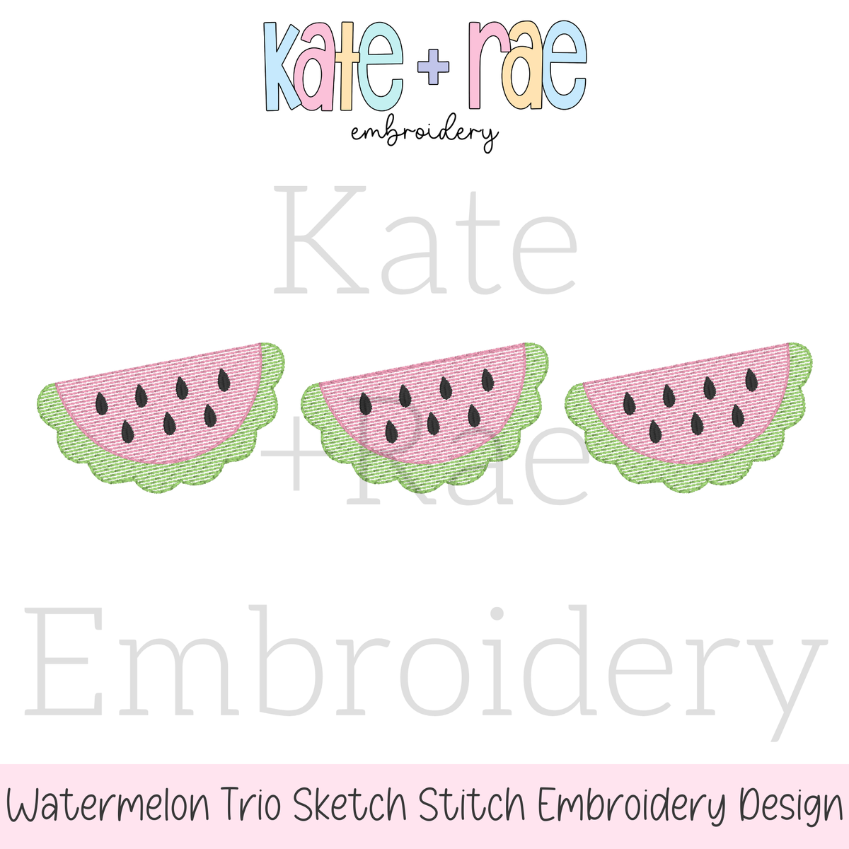 Watermelon Trio Sketch Stitch Embroidery Design: Design preview of three pink and green sketch stitch watermelon slices