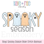 Boys Spooky Season Bean Stitch Applique Embroidery Design: Design preview of SPOOKY with blue and orange bean stitch applique ghosts and a spider above season