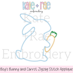 Boy's Easter Bunny with Carrot Zigzag Stitch Applique Embroidery Design: Design preview of a blue zigzag applique bunny outline holding a carrot