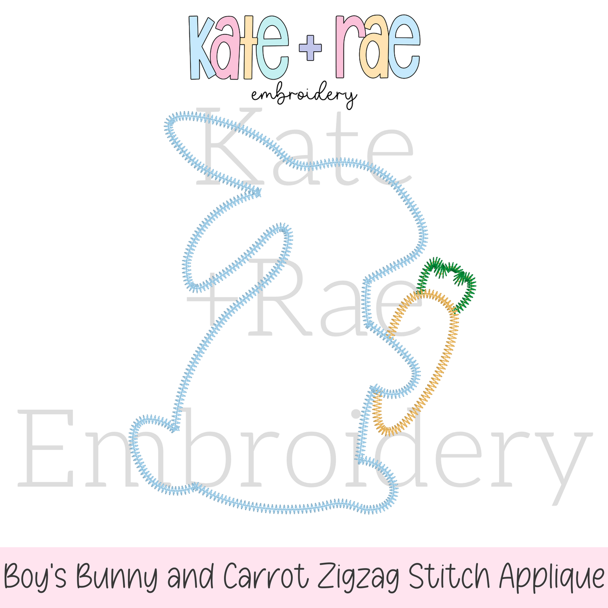 Boy's Easter Bunny with Carrot Zigzag Stitch Applique Embroidery Design: Design preview of a blue zigzag applique bunny outline holding a carrot