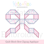 Quilt Block Bow Zigzag Applique Embroidery Design: Design preview of a pink and blue floral quilt block bow zigzag applique