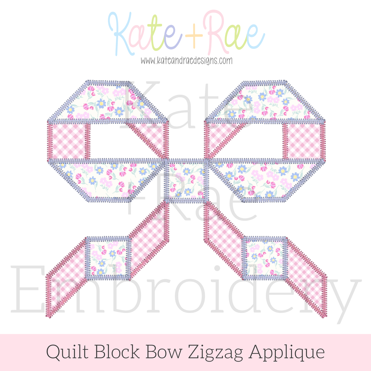 Quilt Block Bow Zigzag Applique Embroidery Design: Design preview of a pink and blue floral quilt block bow zigzag applique