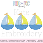 Sailboat Trio Sketch Stitch Embroidery Design: Design preview of three blue and yellow sketch stitch sailboats