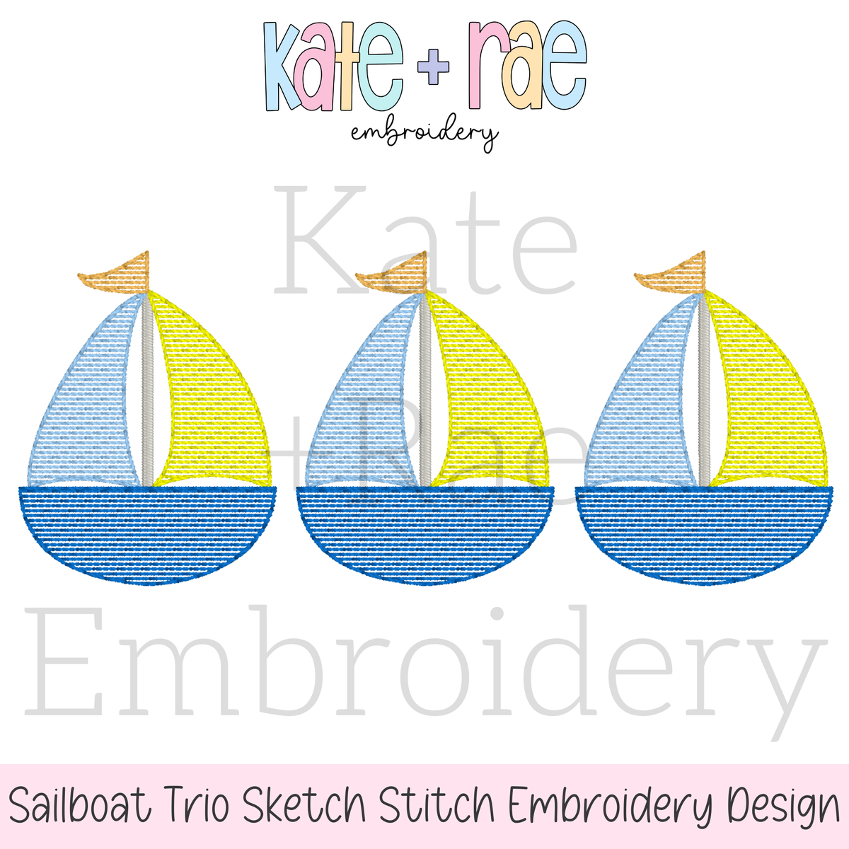 Sailboat Trio Sketch Stitch Embroidery Design: Design preview of three blue and yellow sketch stitch sailboats