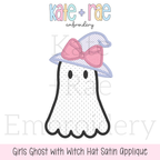 Girls Ghost with Witch Hat Satin Stitch Applique Embroidery Design: Design preview of a polka dot ghost satin applique with a lavender witch hat and pink bow
