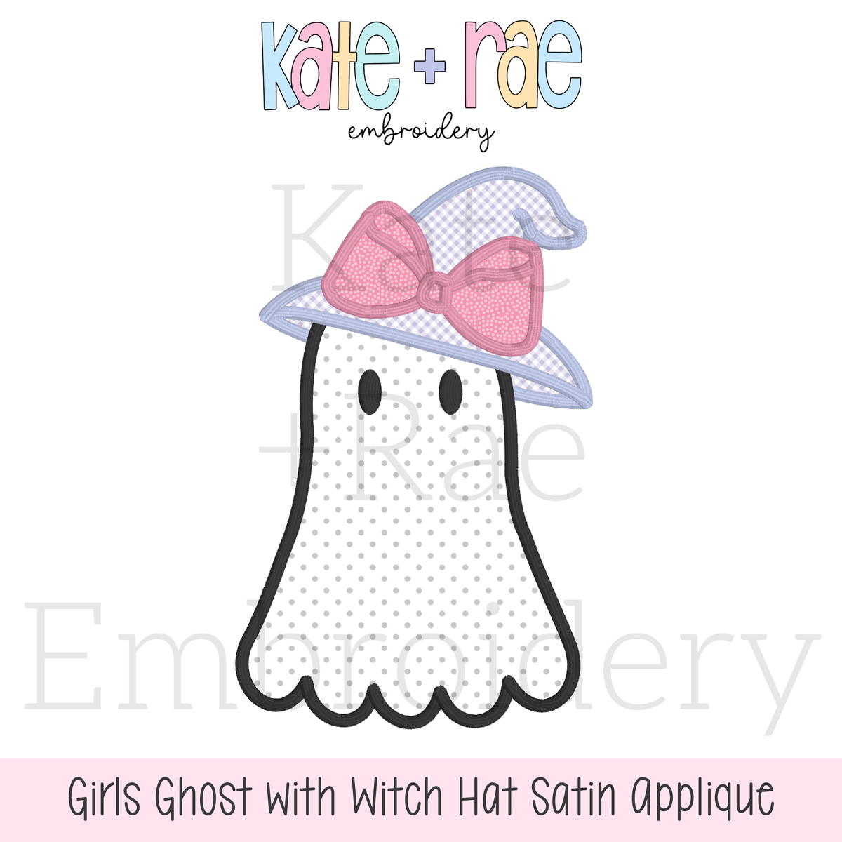 Girls Ghost with Witch Hat Satin Stitch Applique Embroidery Design: Design preview of a polka dot ghost satin applique with a lavender witch hat and pink bow