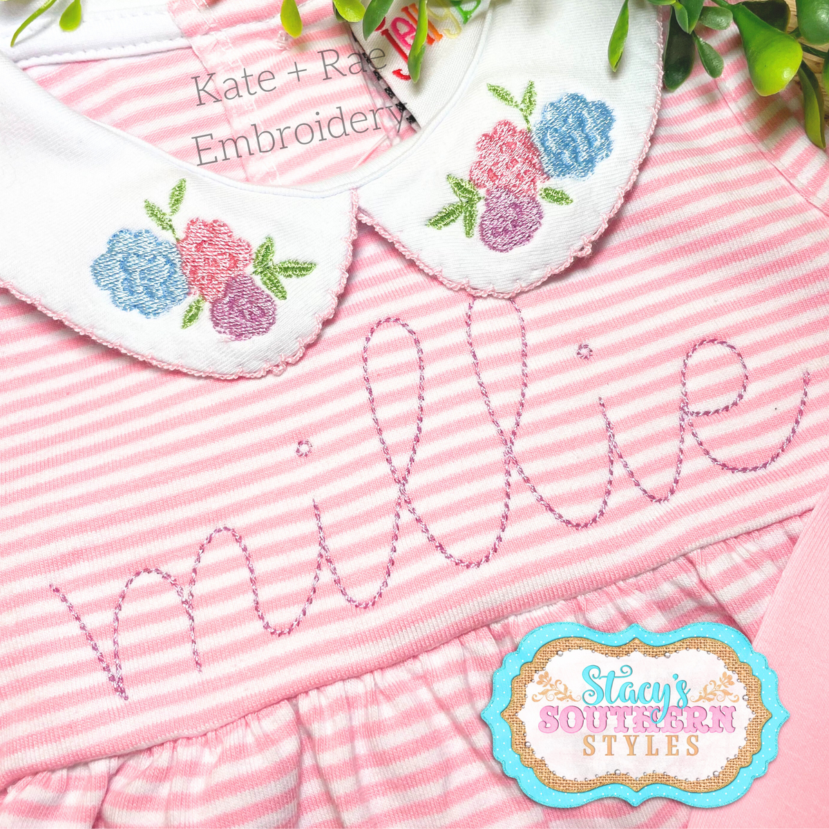 Kinley Floral Mini Fill Stitch Embroidery Design: Small floral clusters on a white collar above the name millie in pink script on a pink striped dress