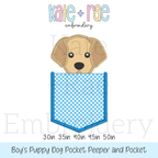 Puppy Dog Pocket Peeper Applique Embroidery Design: Design preview of a yellow puppy peeking out of a blue gingham pocket, available in 3 to 5 inch sizes