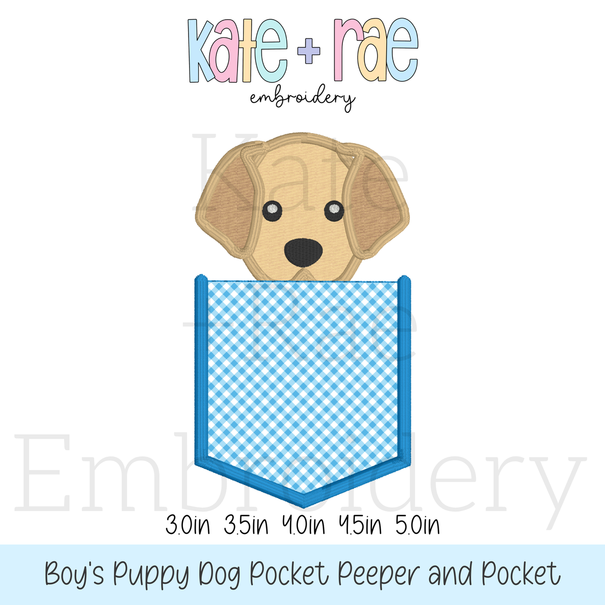 Puppy Dog Pocket Peeper Applique Embroidery Design: Design preview of a yellow puppy peeking out of a blue gingham pocket, available in 3 to 5 inch sizes