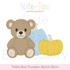 Teddy Bear with Fall Pumpkins Sketch Stitch Embroidery Design