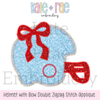 Football Helmet with Bow Double Zigzag Applique Embroidery Design: Design preview of a light blue glitter football helmet double zigzag applique with a red bow