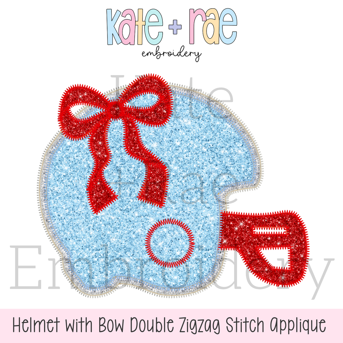 Football Helmet with Bow Double Zigzag Applique Embroidery Design: Design preview of a light blue glitter football helmet double zigzag applique with a red bow
