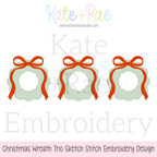 Christmas Wreath Trio with Addie Bow Sketch Stitch Embroidery Design: Design preview of three green sketch stitch wreaths with orange Addie bows