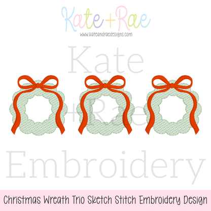 Christmas Wreath Trio with Addie Bow Sketch Stitch Embroidery Design