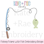Fishing Pole Frame with Fish Embroidery Design: Design preview of a blue fishing pole frame with a dotted line and green fish