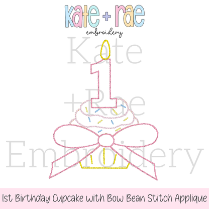 1st Birthday Cupcake with Bow Bean Stitch Applique Embroidery Design