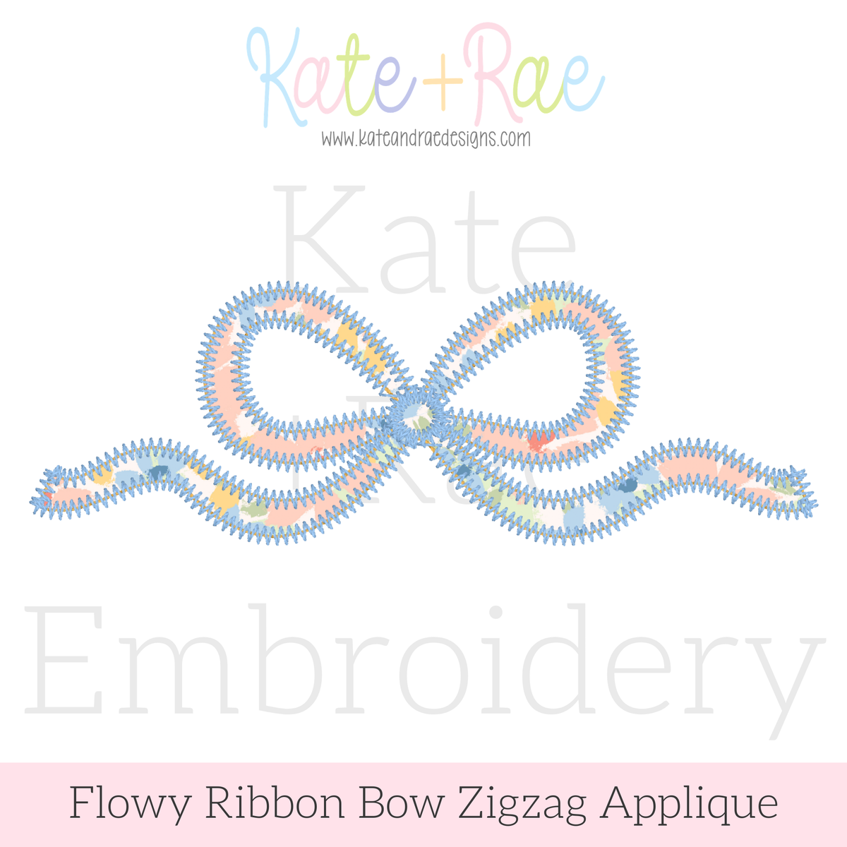 Flowy Longtail Bow Zigzag Stitch Applique Embroidery Design: Design preview of a pastel flowy ribbon bow zigzag applique