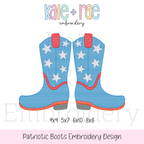 Patriotic Cowboy / Cowgirl Boots Sketch Stitch Embroidery Design: Design preview of blue cowboy boots with white stars and red trim, available in 4x4, 5x7, 6x10, and 8x8