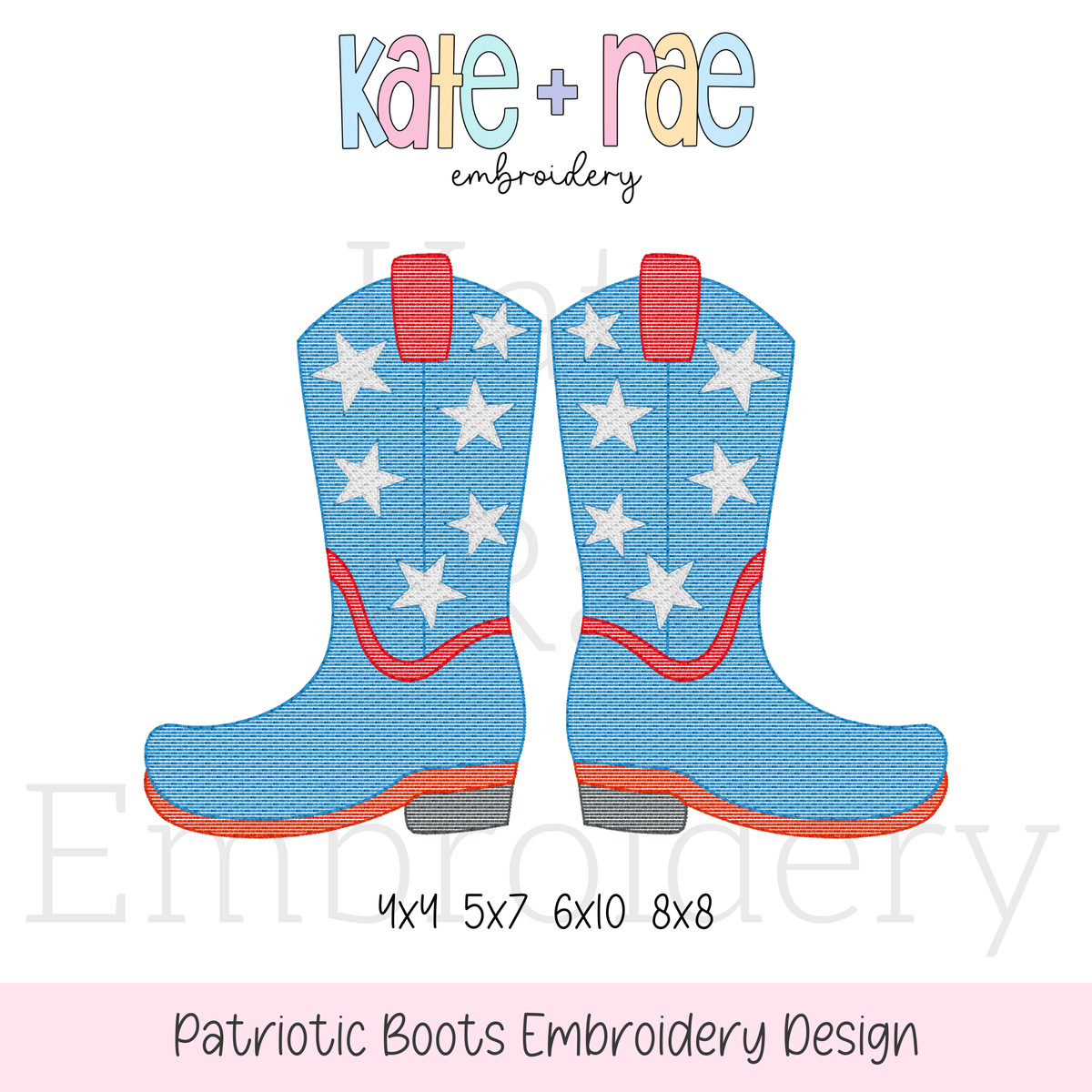Patriotic Cowboy / Cowgirl Boots Sketch Stitch Embroidery Design: Design preview of blue cowboy boots with white stars and red trim, available in 4x4, 5x7, 6x10, and 8x8
