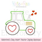 Valentine's Day Heart Tractor Zigzag Applique Embroidery Design: Design preview of a green and gray zigzag applique tractor with heart wheels and red hearts
