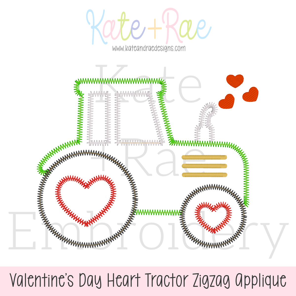 Valentine's Day Heart Tractor Zigzag Applique Embroidery Design: Design preview of a green and gray zigzag applique tractor with heart wheels and red hearts