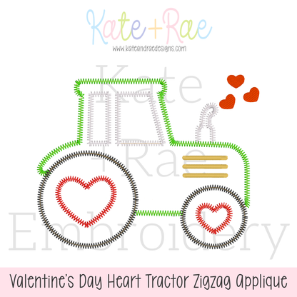 Valentine's Day Heart Tractor Zigzag Applique Embroidery Design