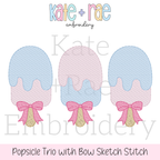 Girl's Popsicle Trio with Bows Sketch Stitch Embroidery Design: Design preview of three blue and pink sketch stitch popsicles with pink bows