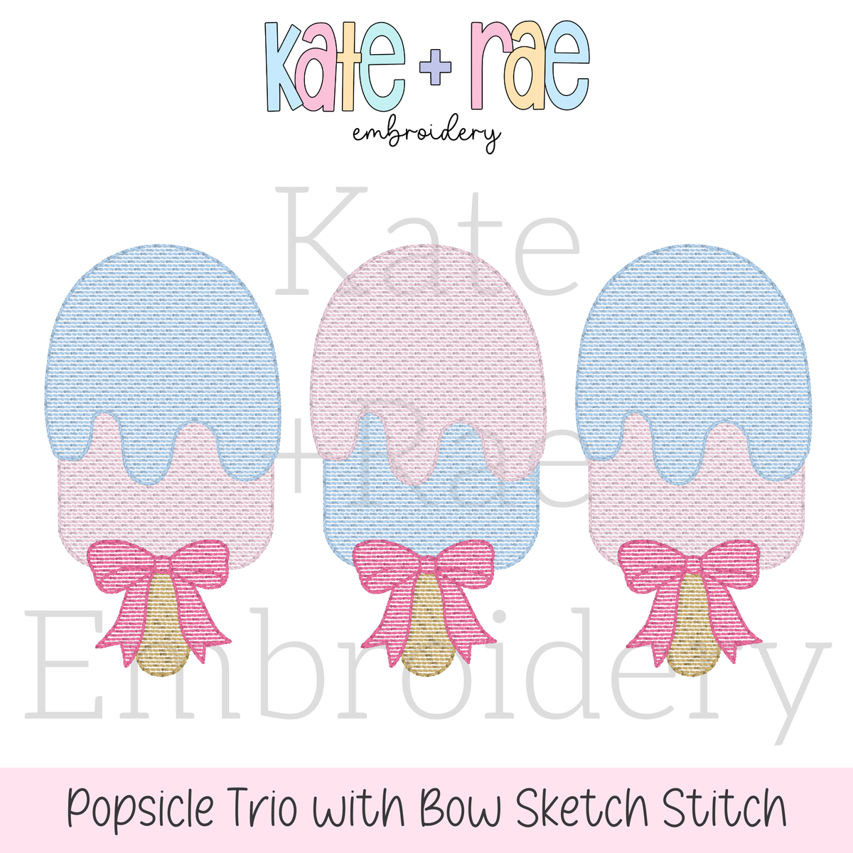 Girl's Popsicle Trio with Bows Sketch Stitch Embroidery Design: Design preview of three blue and pink sketch stitch popsicles with pink bows