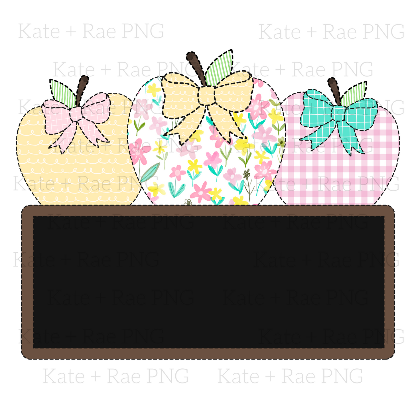 Bright Patterned Apple Trio with Chalk Board Name Plate