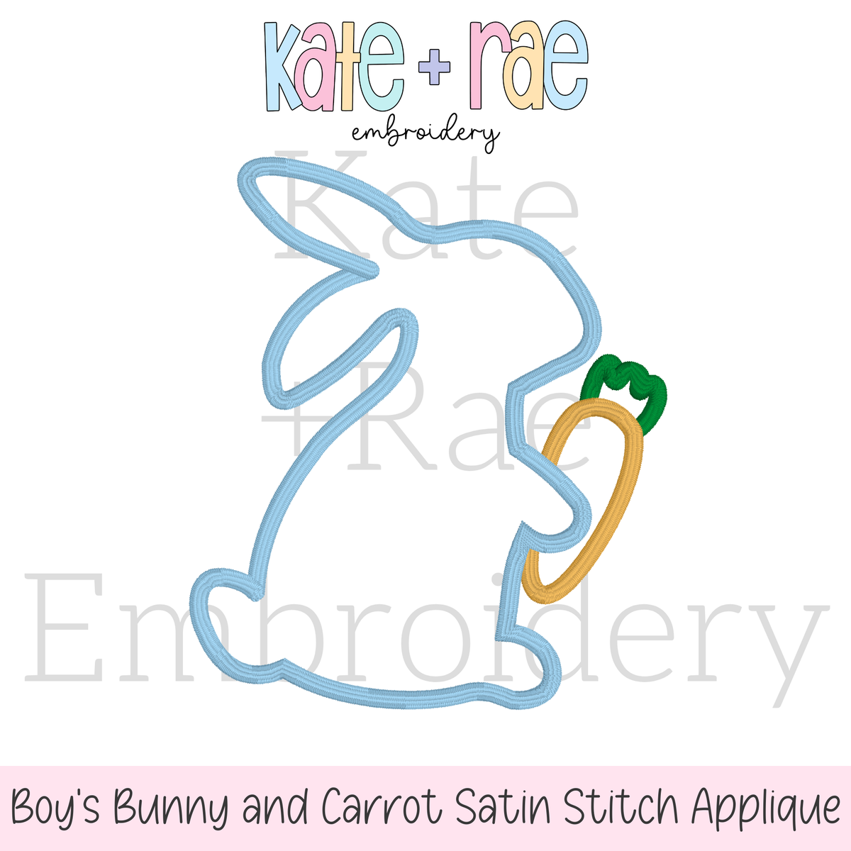 Boy's Easter Bunny with Carrot Satin Stitch Applique Embroidery Design: Design preview of a blue satin stitch applique bunny outline holding a carrot