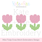 Mini Tulip Trio Cross Stitch Embroidery Design: Design preview of three pink mini tulips in cross stitch