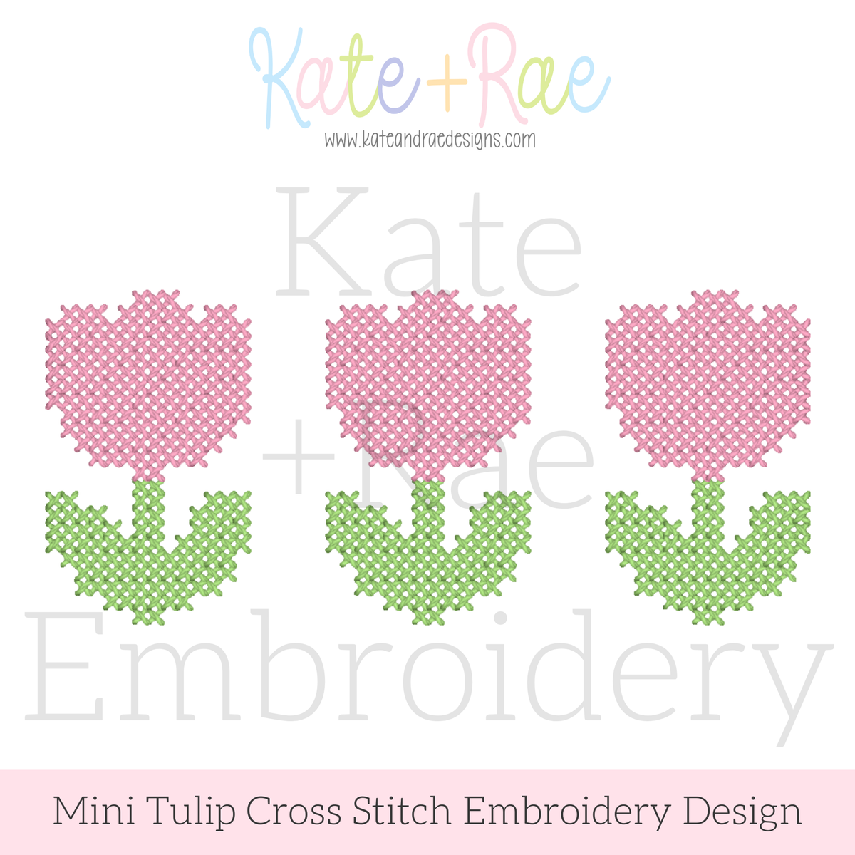 Mini Tulip Trio Cross Stitch Embroidery Design: Design preview of three pink mini tulips in cross stitch