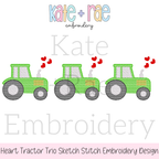 Heart Tractor Trio Sketch Stitch Embroidery Design: Design preview of three green sketch stitch tractors with red hearts