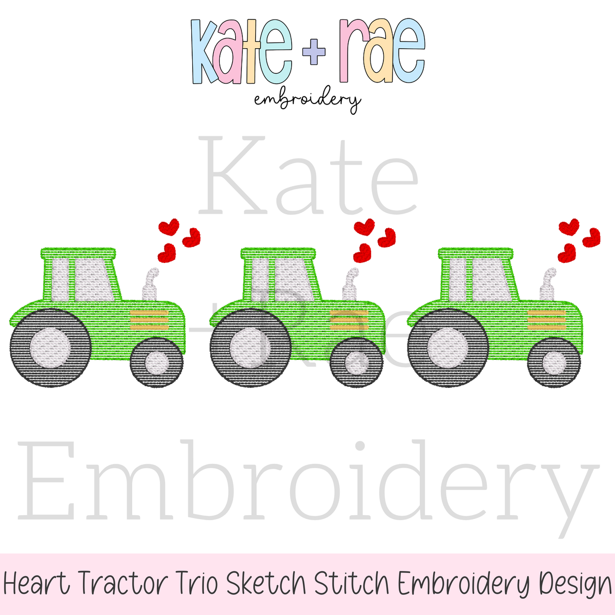 Heart Tractor Trio Sketch Stitch Embroidery Design: Design preview of three green sketch stitch tractors with red hearts