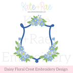 Daisy Floral Crest Satin Stitch Embroidery Design: Design preview of a blue daisy floral crest frame