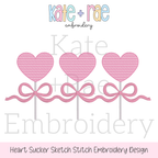 Heart Sucker Trio with Bows Sketch Stitch Embroidery Design: Design preview of three pink sketch stitch heart suckers tied with a pink bow