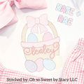 Girl's Easter Basket with Extra Eggs Sketch Stitch Embroidery Design: Sketch stitch Easter basket with a pink bow and pastel eggs with the name Henley in pink script on a white shirt