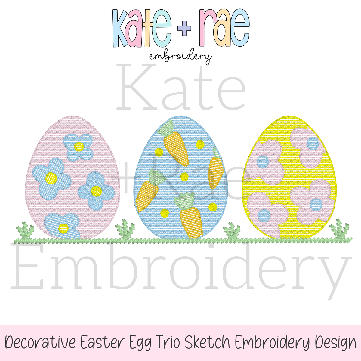 Girl's Decorative Easter Egg Trio Sketch Stitch Embroidery Design: Design preview of three decorative sketch Easter eggs with flowers and carrots on grass, available in 5x5, 5x7, 6x6, 7x7, and 8x8