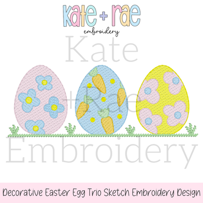 Girl's Decorative Easter Egg Trio Sketch Stitch Embroidery Design