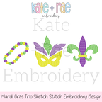 Mardi Gras Trio Sketch Stitch Embroidery Design: Design preview of Mardi Gras beads, a yellow mask with feathers, and a purple fleur de lis in sketch stitch