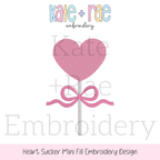 Heart Sucker with Bow Mini Fill Stitch Embroidery Design: Design preview of a single pink fill stitch heart sucker with a pink bow