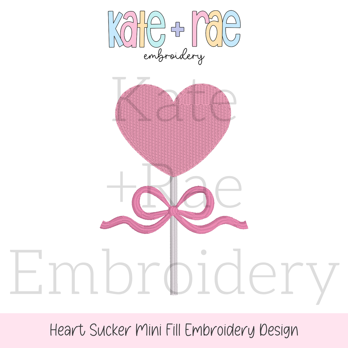 Heart Sucker with Bow Mini Fill Stitch Embroidery Design: Design preview of a single pink fill stitch heart sucker with a pink bow